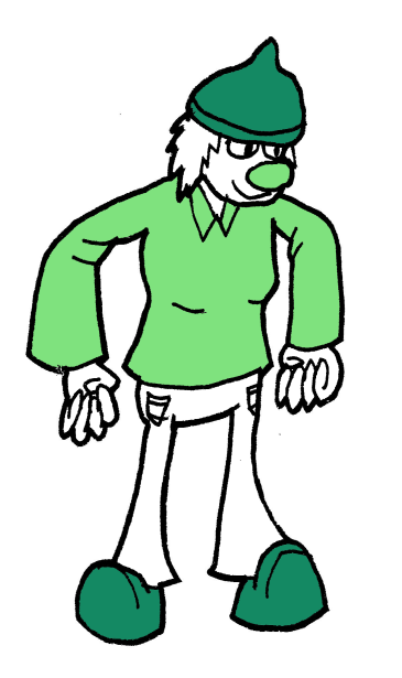 A short catlike girl, slightly fat, with a green shirt, messy hair, and a dark green rimless cap. She looks like she smokes weed.